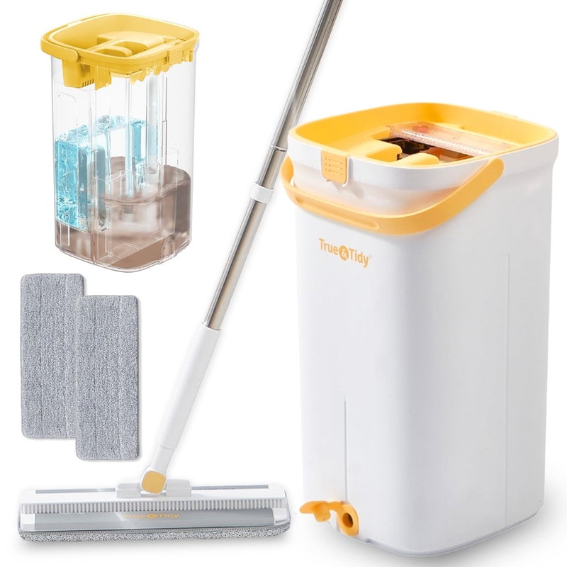نظام دلو ممسحة True Tidy TrueClean مع مضخة براءة اختراع قيد الانتظار 3 حجرات للماء النظيف والوسخ منفصلة بدون استخدام اليدين رأس من الألمنيوم قابلة للغسل في الغسالة في علبة هدية
