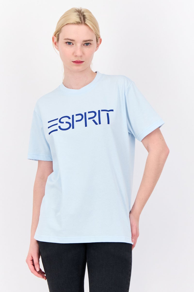 ESPRIT Women Crew Neck Brand Logo Short Sleeves T-shirt, Light Blue - Image 1