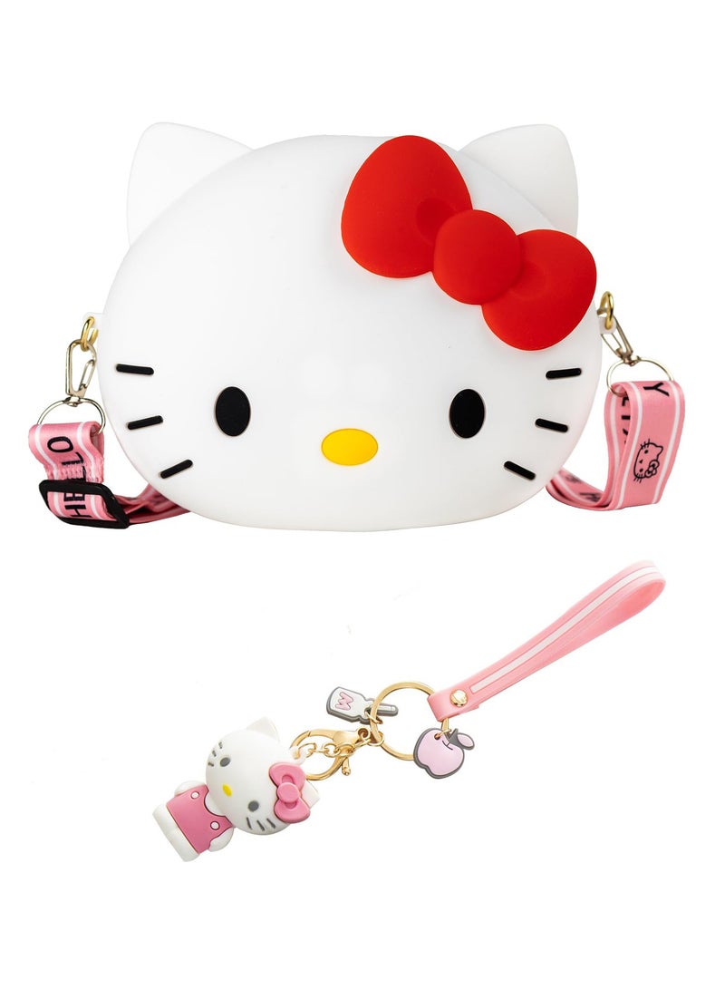 SYOSI Kawaii Purse & Accessories Set 2024 New Cartoon Silicone Coin Purse with Keychain Children's Small Shoulder Bag Kindergarten Girl Baby Outing Mini Storage Bag Compact and Convenient White - Image 1