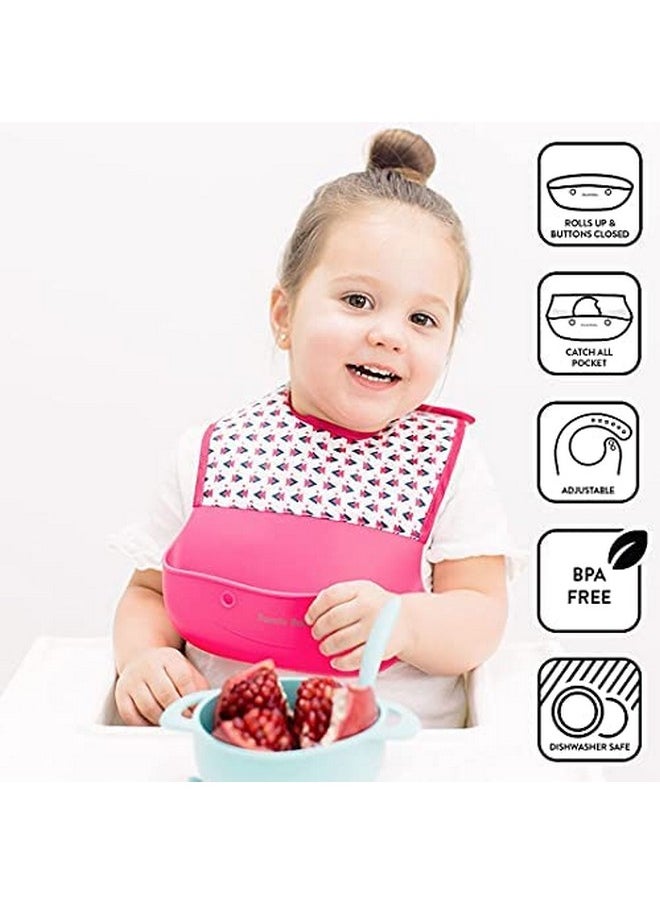 Bazzle Baby - Silicone Bib For Baby With Food Catcher Waterproof Roll Up And Button Feeding Bib For Toddler Eating 2Pk - Image 1