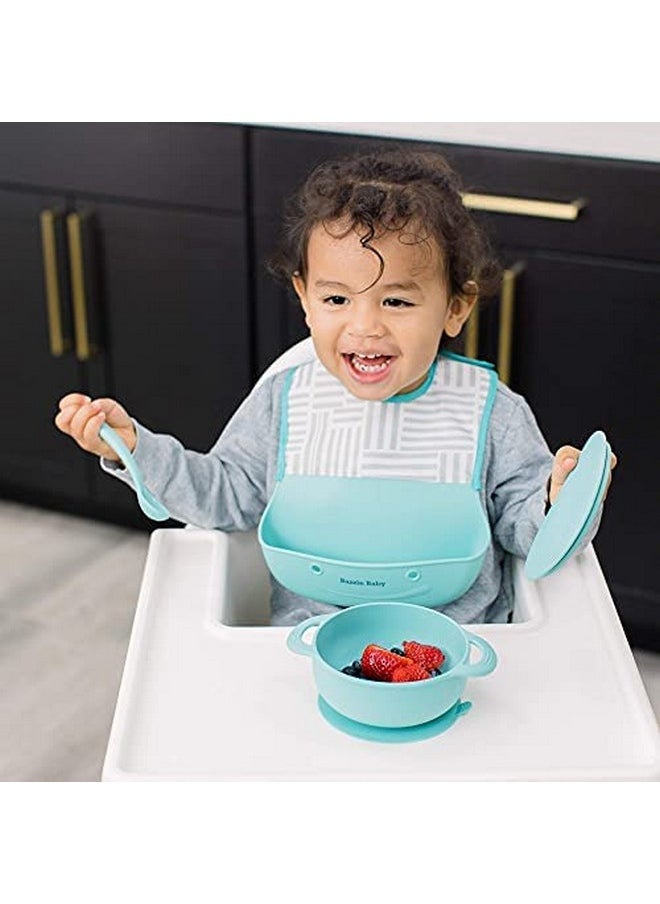 Bazzle Baby - Silicone Bib For Baby With Food Catcher Waterproof Roll Up And Button Feeding Bib For Toddler Eating 2Pk - Image 1
