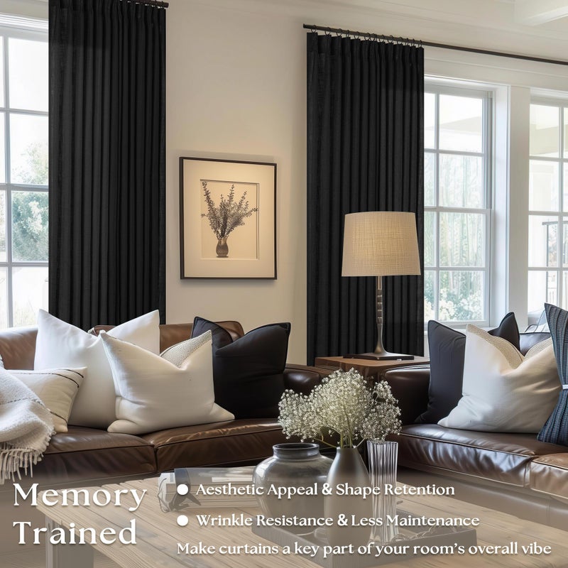 TWODRAPES Black Linen Semi Sheer Curtains 90 Inches Long for Living Room Bedroom Light Filtering Black Textured Burlap Pinch Pleated Curtains 90 Length Hooks Rings Back Tab for Sliding Door 2 Panels - Image 2