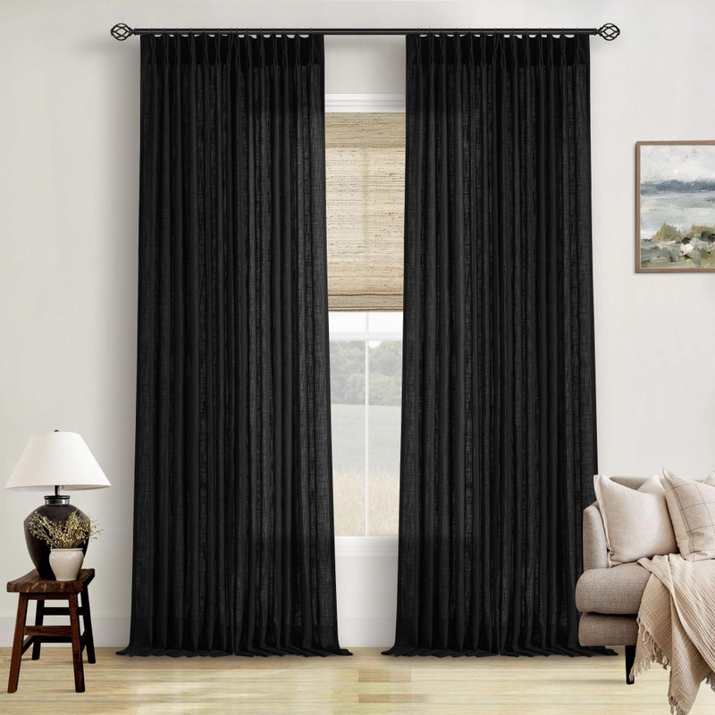 TWODRAPES Black Linen Semi Sheer Curtains 90 Inches Long for Living Room Bedroom Light Filtering Black Textured Burlap Pinch Pleated Curtains 90 Length Hooks Rings Back Tab for Sliding Door 2 Panels - Image 1