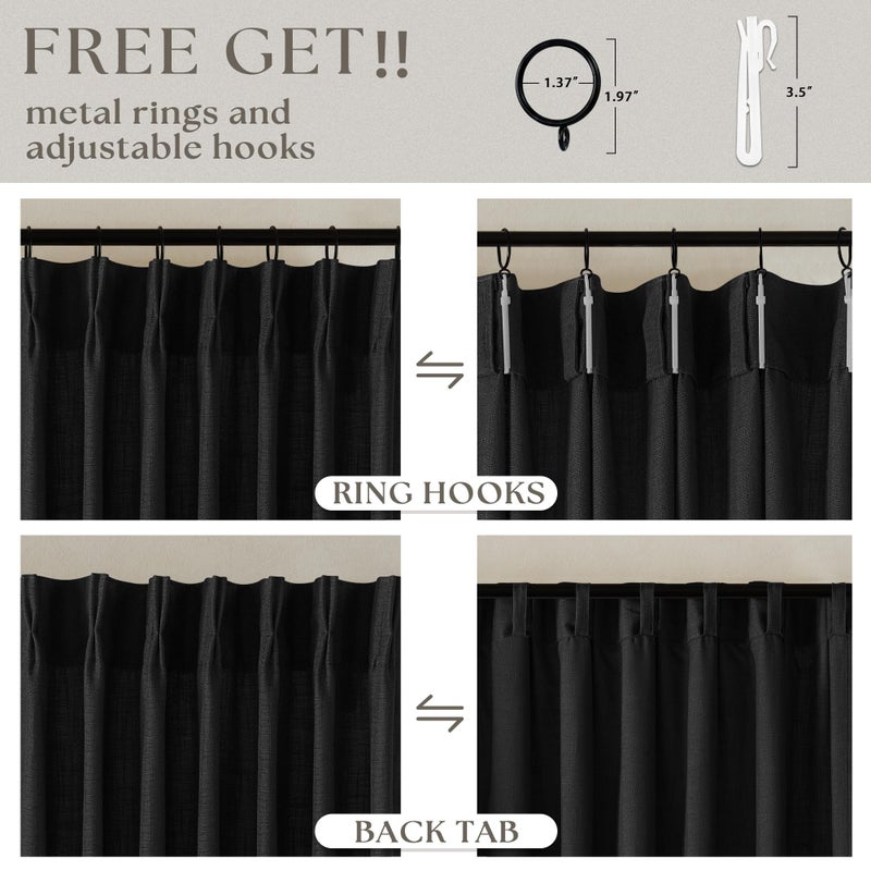 TWODRAPES Black Linen Semi Sheer Curtains 90 Inches Long for Living Room Bedroom Light Filtering Black Textured Burlap Pinch Pleated Curtains 90 Length Hooks Rings Back Tab for Sliding Door 2 Panels - Image 5