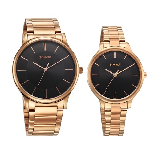 Sonata Pair Quartz Analog Black Dial Stainless Steel Strap Watch for Couple_7710587050WM01 - Image 1