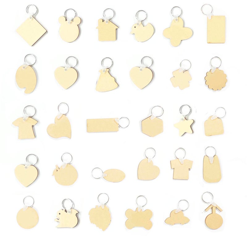 30pcs Blank Wooden Key Chains Unfinished Wood Crafts Blanks Pendant for Engraving DIY Material Craft Wedding Birthday Christmas Ornament Decor Accessories Gift(Styles shipped randomly) - Image 1