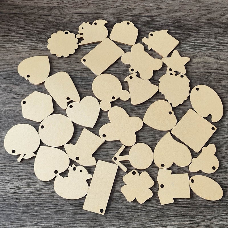 30pcs Blank Wooden Key Chains Unfinished Wood Crafts Blanks Pendant for Engraving DIY Material Craft Wedding Birthday Christmas Ornament Decor Accessories Gift(Styles shipped randomly) - Image 3