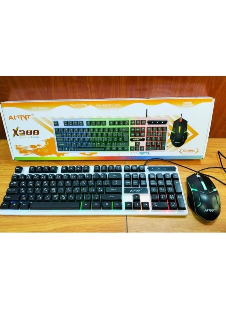 بلاتينيوم كومبو كيبورد وماوس AiTIT X200 للألعاب – إضاءة Rainbow – توصيل USB – تصميم مريح – مفاتيح مالتي ميديا – دعم للويندوز والماك - Image 2