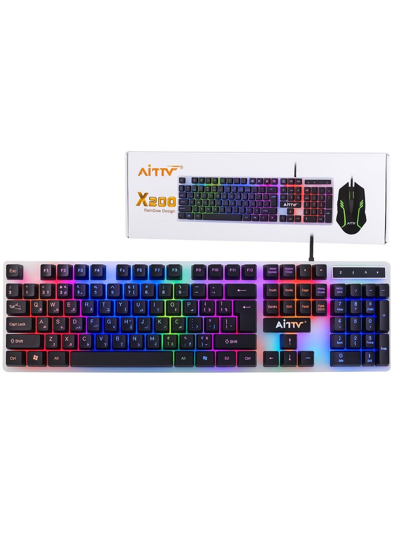 بلاتينيوم كومبو كيبورد وماوس AiTIT X200 للألعاب – إضاءة Rainbow – توصيل USB – تصميم مريح – مفاتيح مالتي ميديا – دعم للويندوز والماك - Image 5