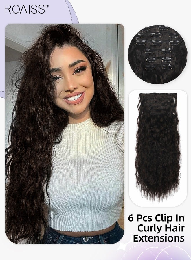roaiss 6 Pcs Clip in Long Curly Hair Extensions, Invisible Adjustable Long Synthetic Heat Resistant Hairpieces for Women Girls, Brown Black, 60cm (23.6 inches) - Image 1