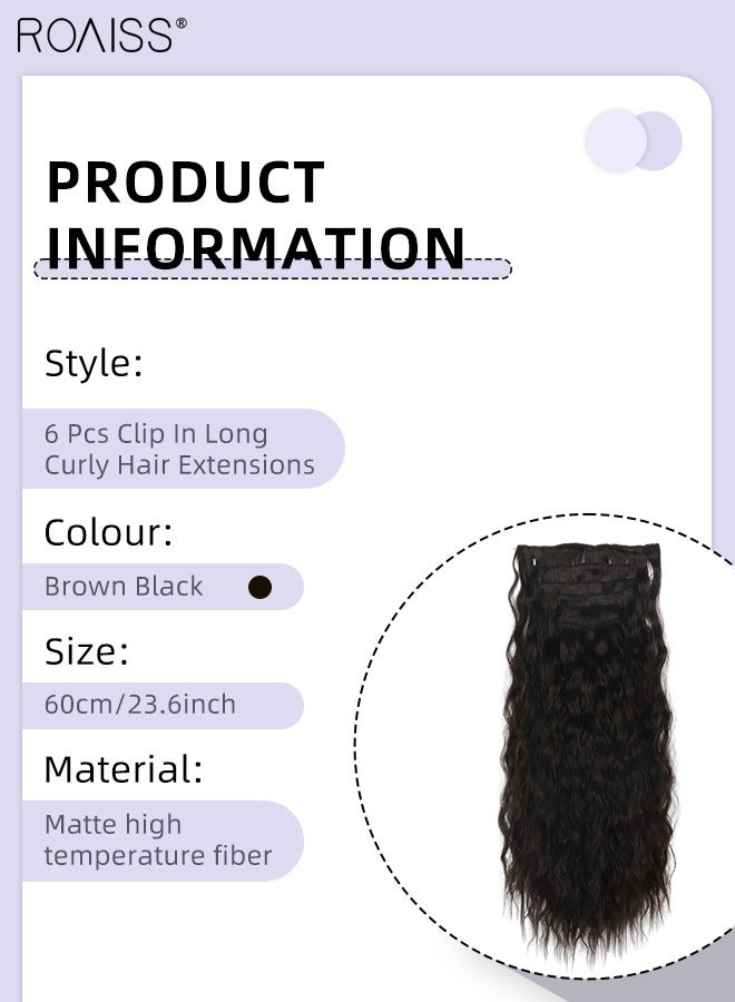 roaiss 6 Pcs Clip in Long Curly Hair Extensions, Invisible Adjustable Long Synthetic Heat Resistant Hairpieces for Women Girls, Brown Black, 60cm (23.6 inches) - Image 3