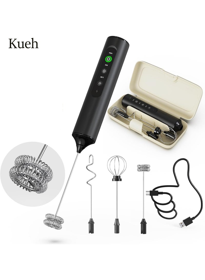 Kueh Rechargeable Handheld Milk Frother Wand with 3 Variable Speeds, 3 Whisks and Storage Box, Electric Drink Mixer for Latte, Cappuccino, Hot Chocolate, Eggs and Protein Powder - Image 1