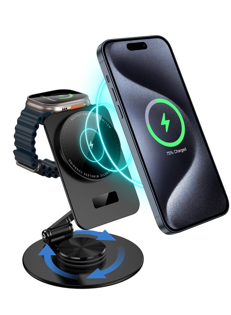 SOLARAE 2-in-1 MagSafe Wireless Charging Station for iPhone 15/14/13/12 & Apple Watch Series 9/8/7/6/SE/5/4/3/2, Foldable Charger for AirPods Pro (Black) - Image 1