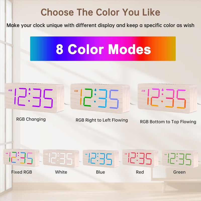 دريم سكاي ساعة رقمية خشبية من لمكتب غرفة النوم - منبه عالٍ RGB للأشخاص ذوي النوم الثقيل مع التحكم في مستوى الصوت، أرقام كبيرة مع خافت سطوع لغرفة المعيشة والمكتب، التوقيت الصيفي، ديكور خشبي (مزودة بمحول طاقة) - Image 2