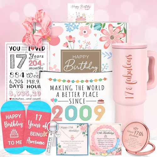 YENCHORN 17th Birthday Gifts for Girls Cool 17 Years Old Girl Gift Ideas Trending Birthday Gift for 17 Year Olds Girl Sweet Happy 17th Decorations Gifts for Teenage Girls with Tumbler Makeup Bag Comfort Socks - Image 1