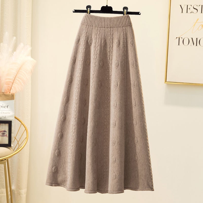 Mid-length Knitted Skirt Womens Spring and Autumn Matching Sweater High Waist A- shaped Umbrella Skirt Winter Skirt Wool Large Swing Long Skirt 1 Apricot color [counter quality]