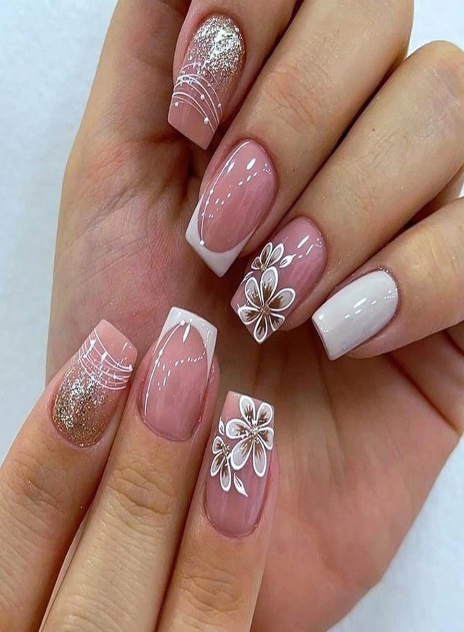 ROKHEVN Flower Press on Nails Short Square Fake Nails Bling Glitter Designs Nails Press Ons French Tip False Nails Full Cover Acrylic Glue on Nails for Women Nail Art Decoration 24Pcs - Image 1