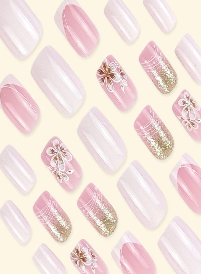 ROKHEVN Flower Press on Nails Short Square Fake Nails Bling Glitter Designs Nails Press Ons French Tip False Nails Full Cover Acrylic Glue on Nails for Women Nail Art Decoration 24Pcs - Image 3