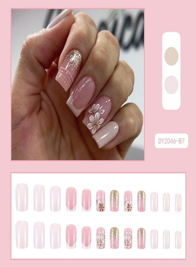 ROKHEVN Flower Press on Nails Short Square Fake Nails Bling Glitter Designs Nails Press Ons French Tip False Nails Full Cover Acrylic Glue on Nails for Women Nail Art Decoration 24Pcs - Image 4
