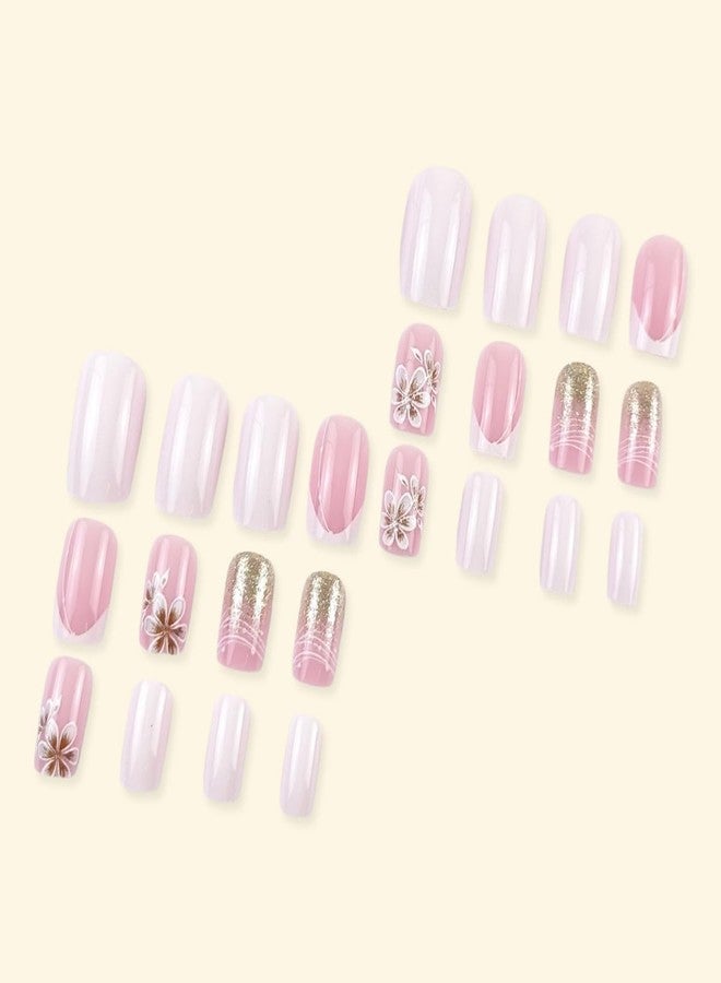 ROKHEVN Flower Press on Nails Short Square Fake Nails Bling Glitter Designs Nails Press Ons French Tip False Nails Full Cover Acrylic Glue on Nails for Women Nail Art Decoration 24Pcs - Image 2