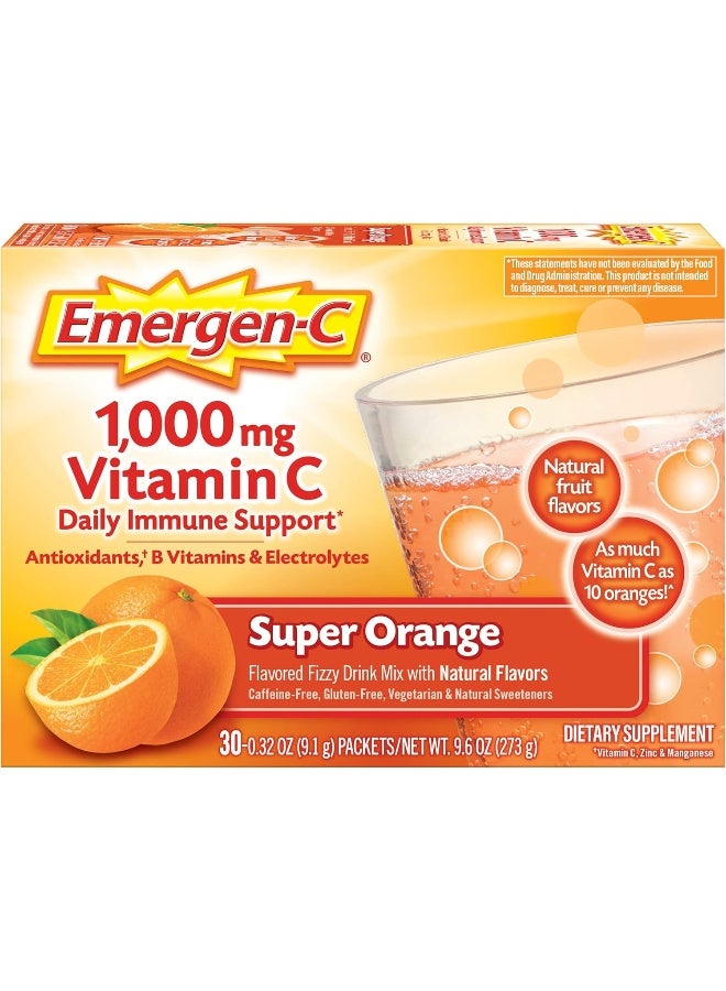 Emergen-C (30 Count, Super Orange Flavor, 1 Month Supply) Dietary Supplement Fizzy Drink Mix With 1000Mg Vitamin C, 0.32 Ounce Packets, Caffeine Free - Image 1
