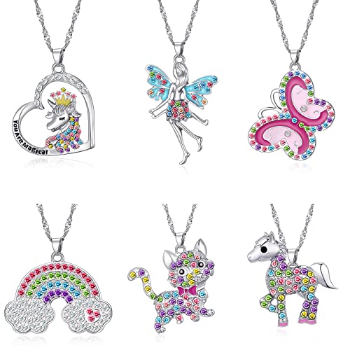 SYNLIN 6 Pcs Cute Necklaces for Teen Girls - Adorable Pastel Crystal Girls Jewelry - Unicorns Gifts for Girls - Fairy Gifts for Teens - Dainty Necklace Birthday Gift Set Heart Necklace for Teen Girl Stuff - Image 1