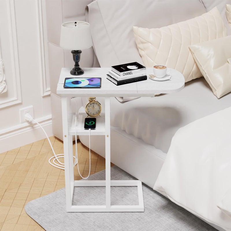 eiskah C Table End Table with Charging Station, Couch C Shaped Side Table for Living Room, Bedroom, Laptop Table with USB Ports and Type-C Port, Snack Tray Table for Couch - Image 4