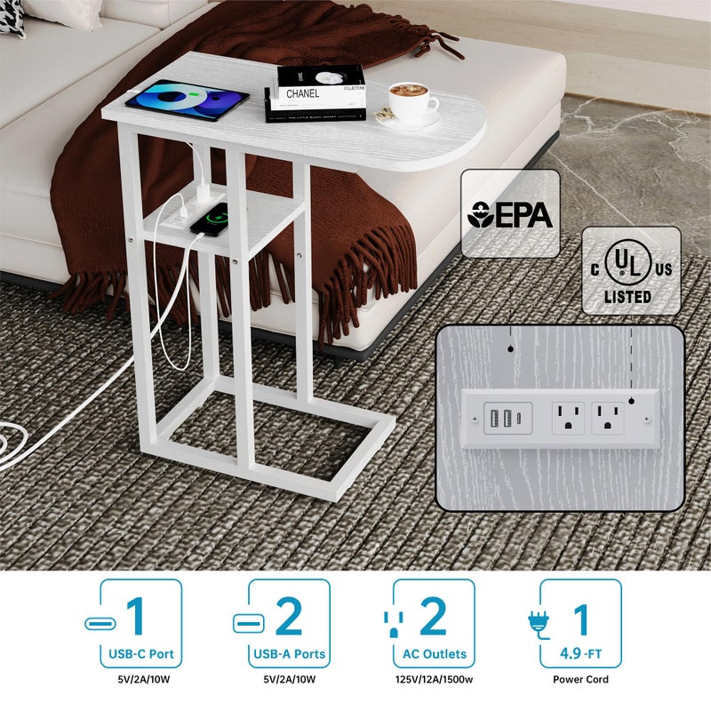 eiskah C Table End Table with Charging Station, Couch C Shaped Side Table for Living Room, Bedroom, Laptop Table with USB Ports and Type-C Port, Snack Tray Table for Couch - Image 2