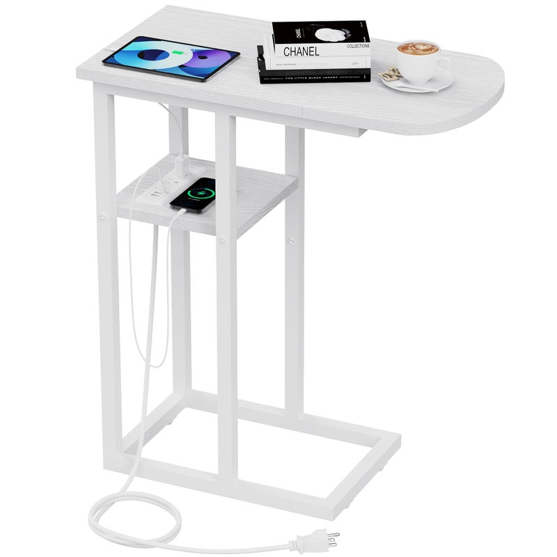 eiskah C Table End Table with Charging Station, Couch C Shaped Side Table for Living Room, Bedroom, Laptop Table with USB Ports and Type-C Port, Snack Tray Table for Couch - Image 1