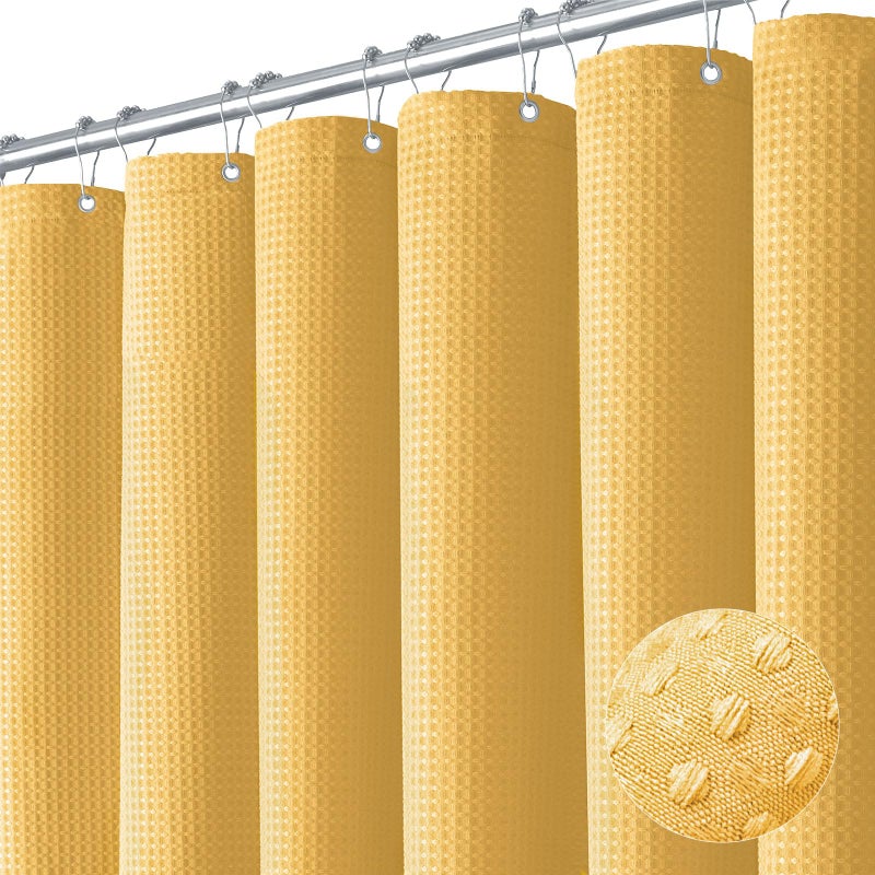 Dynamene Gold Fabric Shower Curtain - Waffle Weave Textured Heavy Duty Cloth Shower Curtains for Bathroom, 256GSM Hotel Luxury Weighted Bath Curtain Set with 12 Hooks,72x72, Gold - Image 1