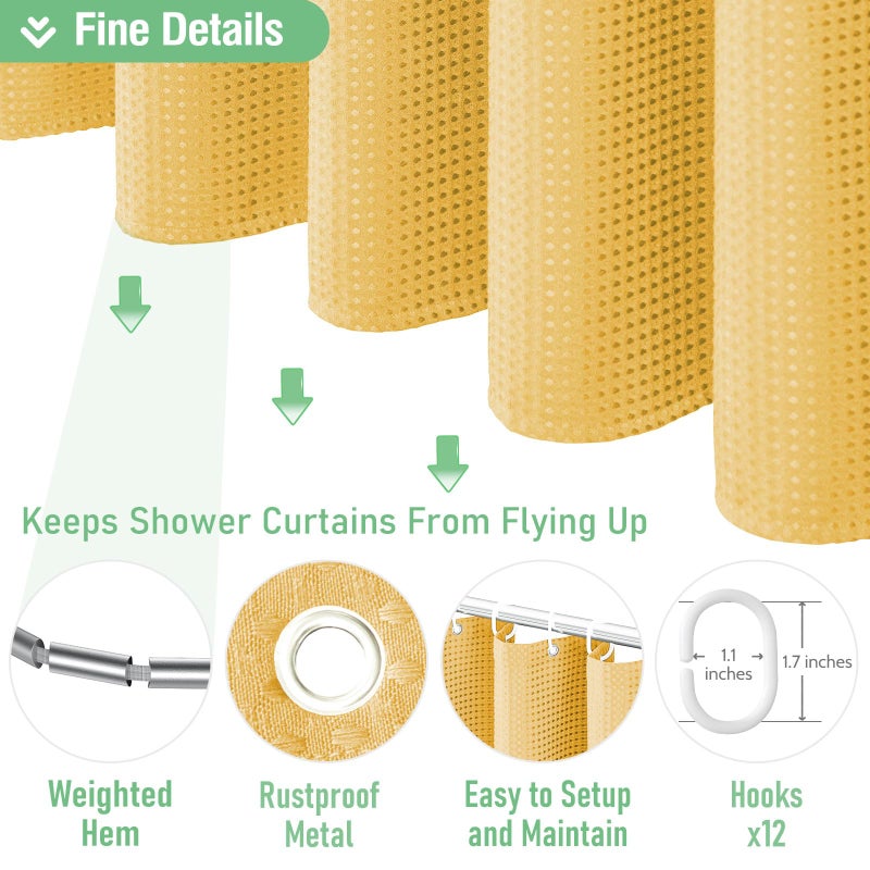 Dynamene Gold Fabric Shower Curtain - Waffle Weave Textured Heavy Duty Cloth Shower Curtains for Bathroom, 256GSM Hotel Luxury Weighted Bath Curtain Set with 12 Hooks,72x72, Gold - Image 5