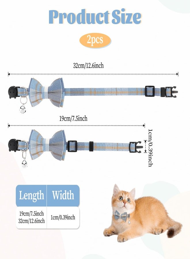 Styquenzer 2 PCS Bow Tie Cat Collar with Bells Cat Collar Breakaway Cute Bowtie Plaid Cat Collar with Cat Buckle Soft Adjustable Kitten Accessories for Indoor Cats Puppy and Small Pets Blue and White Plaid - Image 2