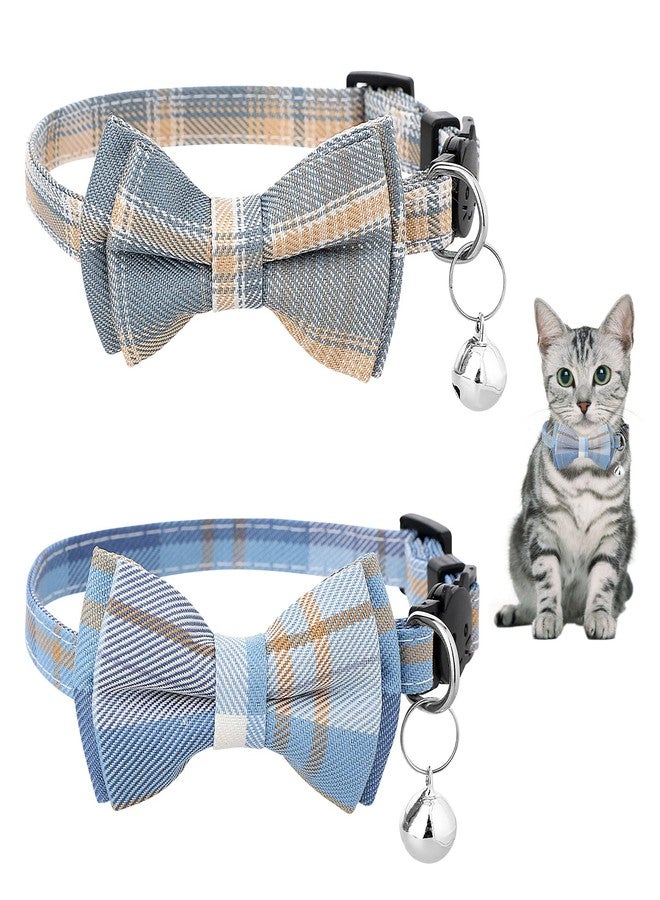Styquenzer 2 PCS Bow Tie Cat Collar with Bells Cat Collar Breakaway Cute Bowtie Plaid Cat Collar with Cat Buckle Soft Adjustable Kitten Accessories for Indoor Cats Puppy and Small Pets Blue and White Plaid - Image 1
