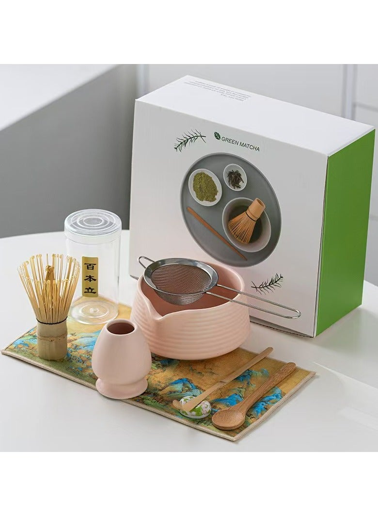 إيزي غوز طقم أدوات خفاقة شاي الماتشا التقليدية المصنوعة يدويًا المكون من 8 قطع، طقم أدوات هدايا شاي الماتشا التقليدي المصنوع يدويًا باللون الوردي - Image 1