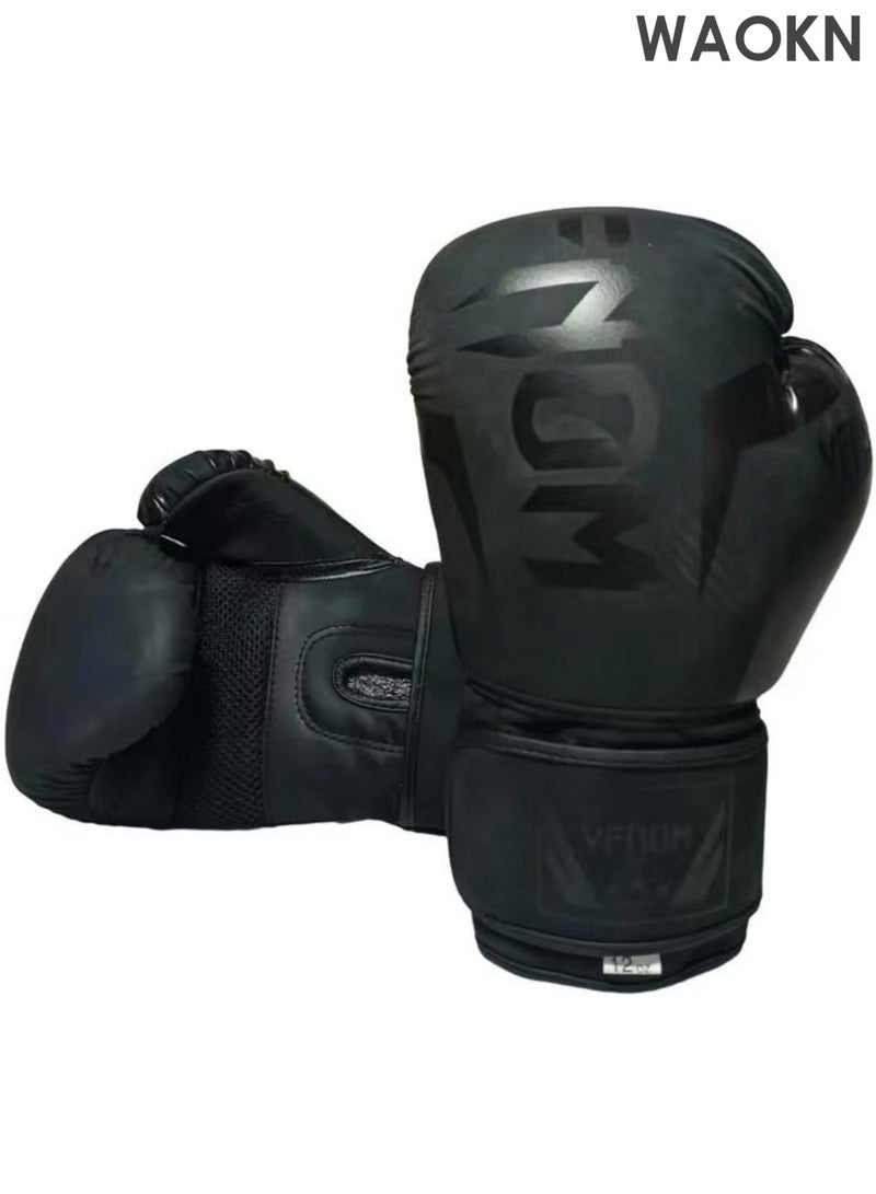 WAOKN 12OZ Boxing Gloves PU Leather, Muay Thai Kickboxing MMA Sparring Training, Advanced TAKKA Closure, Padding, Punch Bags Speed Ball Focus Pads Workout Gloves,Boxing Gloves Sparring Muay Thai Pro Training, Maya Hide Leather, Kickboxing Heavy Punching Bag Focus Mitts Pads Double End Ball Workout, MMA Fitness Gym Bagwork, Ventilated Palm, Men Black - Image 1