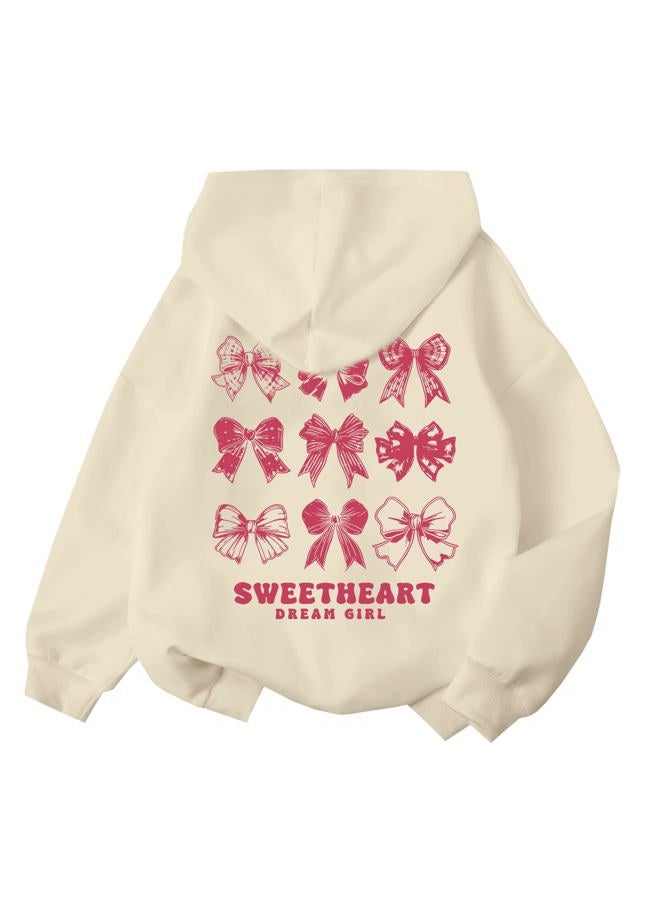 Lubpow Girl's Cute Pink Bow Hoodie Aesthetic Preppy Sweatshirts Kids Casual Kawaii Bows Letter Graphic Hoodies Pullover Tops, Apricot, 9-10 Years - Image 1