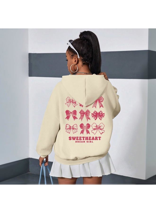 Lubpow Girl's Cute Pink Bow Hoodie Aesthetic Preppy Sweatshirts Kids Casual Kawaii Bows Letter Graphic Hoodies Pullover Tops, Apricot, 9-10 Years - Image 5