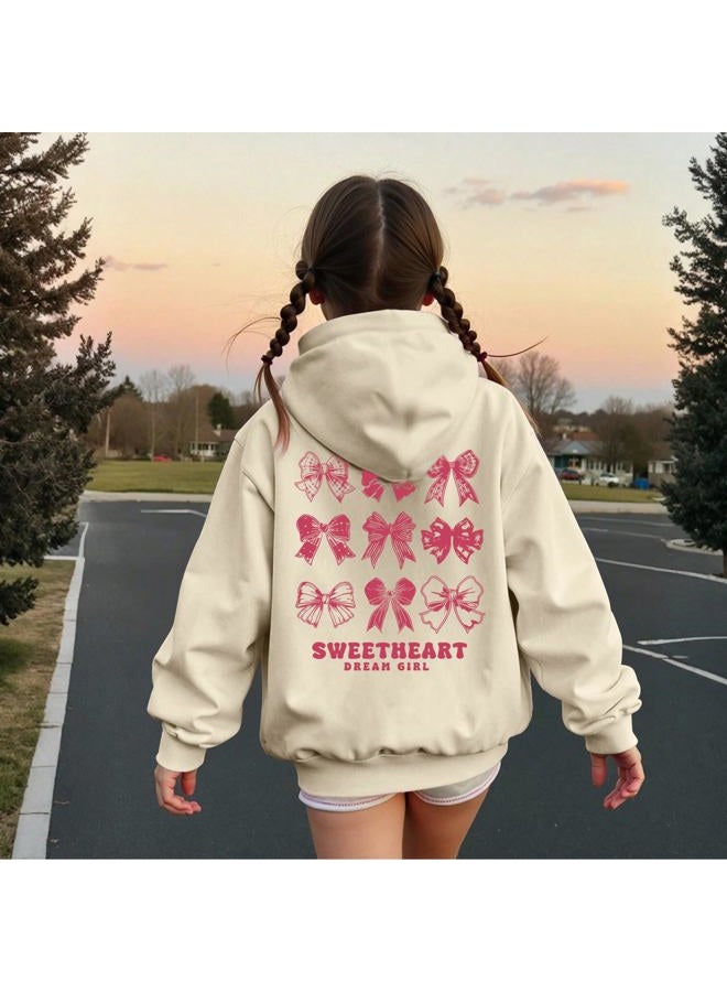 Lubpow Girl's Cute Pink Bow Hoodie Aesthetic Preppy Sweatshirts Kids Casual Kawaii Bows Letter Graphic Hoodies Pullover Tops, Apricot, 9-10 Years - Image 3