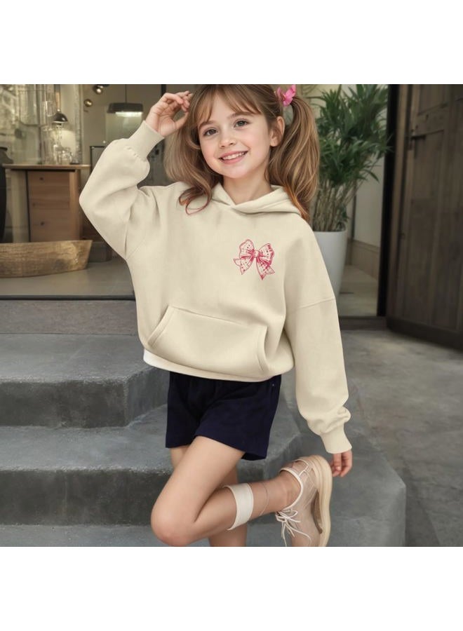 Lubpow Girl's Cute Pink Bow Hoodie Aesthetic Preppy Sweatshirts Kids Casual Kawaii Bows Letter Graphic Hoodies Pullover Tops, Apricot, 9-10 Years - Image 2