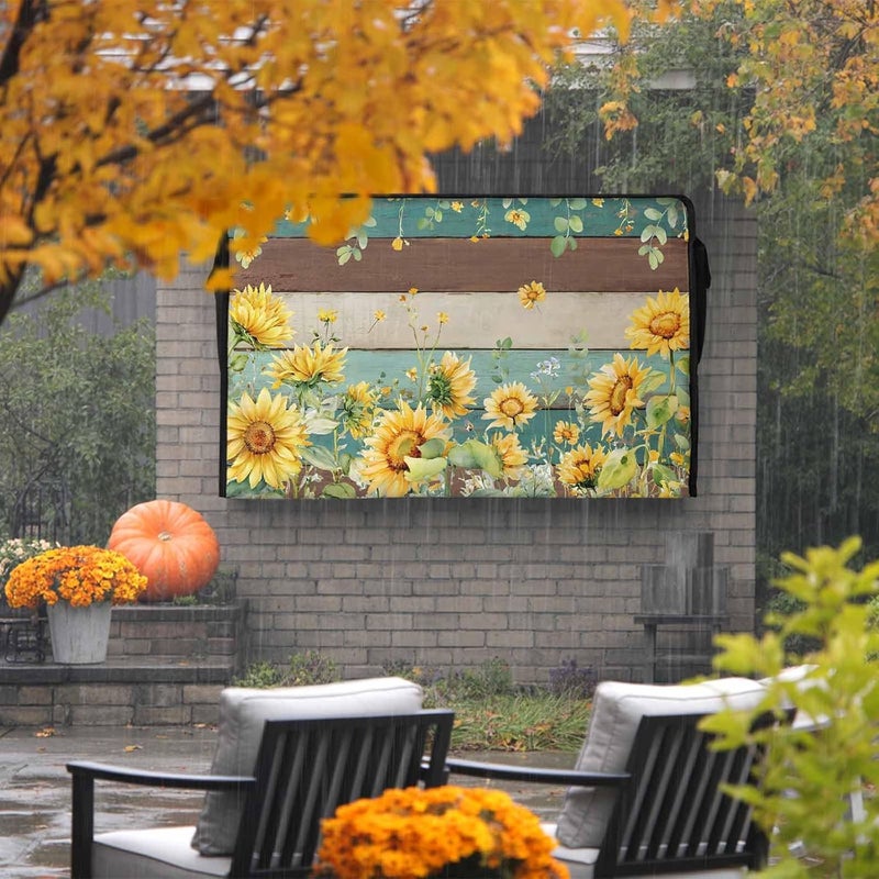 Summer Floral Waterproof Outdoor TV Cover, Watercolor Sunflower Eucalyptus Leaves Retro Wood Grain Outside Weatherproof TV Enclosures for 70 to 75 Inch LCD Television Shield Flat Screen Protectors - Image 2