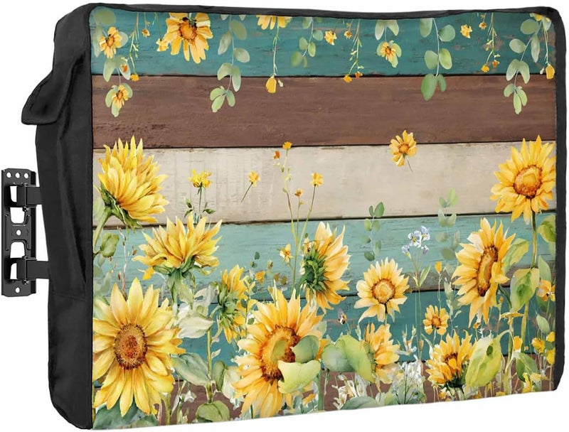 Summer Floral Waterproof Outdoor TV Cover, Watercolor Sunflower Eucalyptus Leaves Retro Wood Grain Outside Weatherproof TV Enclosures for 70 to 75 Inch LCD Television Shield Flat Screen Protectors - Image 1