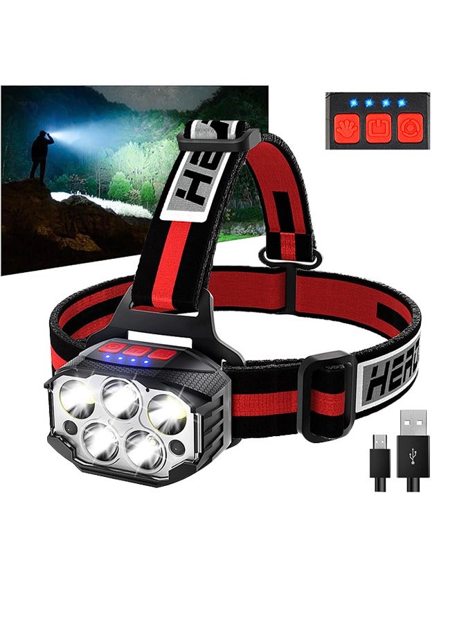 Rechargeable Headlamp High Lumen Bright LED Head Lamp with Red White Light Waterproof Headlight 6 Mode Head Flashlight for Outdoor Running Hunting Fishing Hiking Camping Gear - Image 1