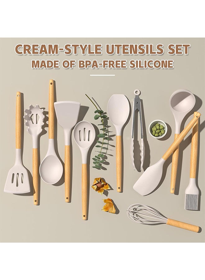 TodyJeyHo Chef Kitchen Cooking Utensils Set, 14 pcs Non-Stick Silicone Cooking Kitchen Utensils Spatula Set with Holder, Wooden Handle Silicone Kitchen Gadgets Utensil Set - Image 4