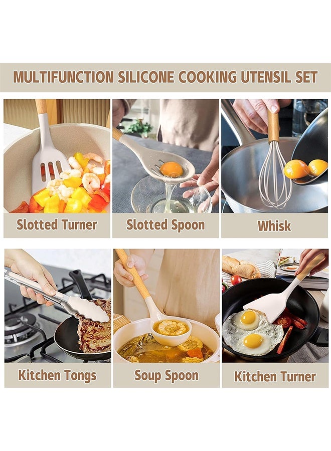 TodyJeyHo Chef Kitchen Cooking Utensils Set, 14 pcs Non-Stick Silicone Cooking Kitchen Utensils Spatula Set with Holder, Wooden Handle Silicone Kitchen Gadgets Utensil Set - Image 3