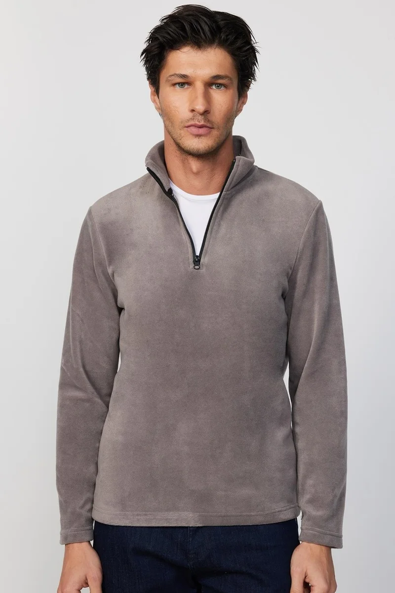 تودورس Men's Standard Fit Relaxed Cut Non-Pilling Cold Proof Gray Stand Collar Fleece Sweatshirt