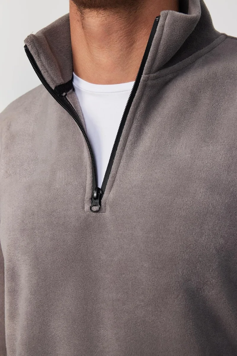 تودورس Men's Standard Fit Relaxed Cut Non-Pilling Cold Proof Gray Stand Collar Fleece Sweatshirt