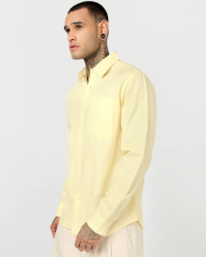 بيواكوف Men's Light Yellow Cotton Linen Shirt