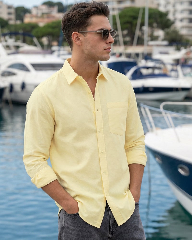 بيواكوف Men's Light Yellow Cotton Linen Shirt - Image 1
