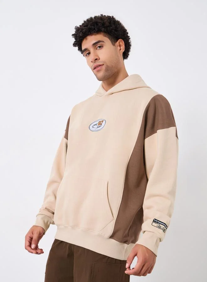 Styli Men Beige Embroidered Panel Hoodie