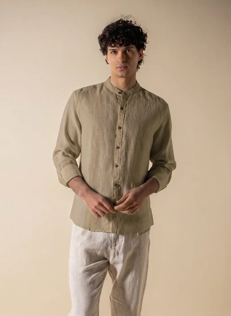 SHAPES 100% LINEN BAND COLLAR SHIRT
